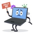 Virus infected laptop upset character vector isometric broken computer unhappy face expression