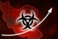 Virus infection growth graph on the background of the map of Iran and biohazard icon. Covid pandemic in Iran