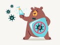 Virus infection prevention concept for kids - washing hands. Cute bear cartoon holds shield and soap to fight and prevent virus Royalty Free Stock Photo