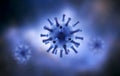 Virus inside cell on dark blue background, SARS-CoV-2 corona or flu virus closeup, 3d illustration. Banner with coronavirus Royalty Free Stock Photo