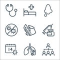 virus line icons. linear set. quality vector line set such as people, lung, day, injection, hand wash, coronavirus, runny nose,