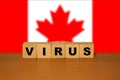 Virus message inscription on a wooden desk on cube blocks with a Canada flag background. Royalty Free Stock Photo