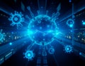 Virus mutation sequence in a futuristic data interface. A glowing holographic display shows a virus strain evolving in real time,