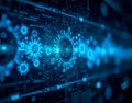 Virus mutation sequence in a futuristic data interface. A glowing holographic display shows a virus strain evolving in real time,