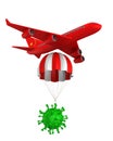 Virus with parachute and airplane on white background. Isolated 3D illustration