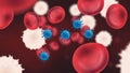 Virus particles in bloodstream with blood cells