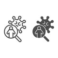 Virus and person in magnifier line and solid icon. Man infected with pathogen outline style pictogram on white