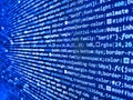 Virus in program code. Web or application development, business and technology concept. HTML markup language closeup. Blue color.