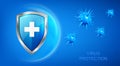 Virus protection banner with shield and bacteria