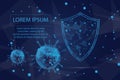 Virus protection, Coronavirus molecule, Polygonal security shield abstract image isolated on a blue background. Business concept i