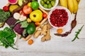 Virus protection food, coronavirus, immunity concept. Healthy vegan foods selection on white wooden Royalty Free Stock Photo