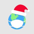 Virus Protection mask for Earth. Mask for earth. Earth globe with mask and claus hat in flat design. Christmas. Coronavirus.