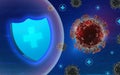 Virus protection with shield on blue background.3D rendering.