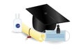 Virus protection theme, hand sanitizer and medical mask, realistic vector illustration, graduation and quarantine, graduate cap Royalty Free Stock Photo