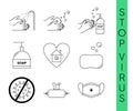 Virus protection vector icons set. Stop covid-19 measures. Wash hands, stay home quarantine rules. Minimalist line art