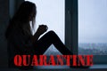 Virus quarantine background. Coronavirus backdrop with lettering, silhouette of young beautiful woman Royalty Free Stock Photo