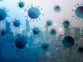 Virus replacement image And connection Spread. The backdrop is a city image
