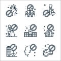 virus restrictions line icons. linear set. quality vector line set such as no meat, no touch, restricted area, church, no visiting