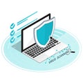 Virus scan computer security malware laptop,computer security shield guard isometric flat vector Royalty Free Stock Photo