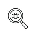 Virus search, icon in line design. Virus, search, detection, malware, security, scan, antivirus on white background