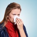 Virus sick woman. Girl rhinitis disease. Cold or coronavirus symptom. People flu