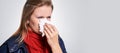 Virus sick woman. Girl rhinitis disease. Cold or coronavirus symptom