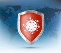 Virus sign on a metal shield on a world map background