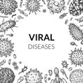 Virus square background in sketch style. Hand drawn bacteria, germ, microorganism. Microbiology scientific design. Vector