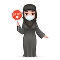 Virus stop sign protective medical face mask arab traditional female clothing 3d cartoon character design vector