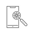 Virus on the surface of a smartphone related vector thin line icon. Royalty Free Stock Photo