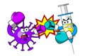 Virus and syringe cartoon characters or mascots combating or fighting like boxers with gloves isolated vector illustration.