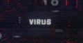Virus text image over digital circuit board background with binary code