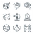 Virus transmission line icons. linear set. quality vector line set such as distance, shake hands, raw meat, grave, microscope,