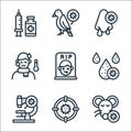 Virus transmission line icons. linear set. quality vector line set such as rat head, target, microscope, blood drop, dead, fever,
