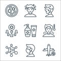 Virus transmission line icons. linear set. quality vector line set such as airplane, medical mask, virus, sick, alcohol gel, Royalty Free Stock Photo