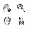 virus transmission line icons. linear set. quality vector line set such as hand sanitizer, shield, search Royalty Free Stock Photo