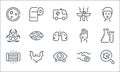 virus transmission line icons. linear set. quality vector line set such as magnifying glass, eye, lamp, handshake, bat, biohazard