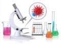Virus under microscope. Realistic medical laboratory equipment and flu infection magnification, coronavirus disease Royalty Free Stock Photo