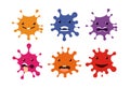 Virus vector icons set. Bacteria logos template. Microscopic infection illustration. Cartoon splash character.