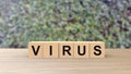 Virus - word wooden cubes on table horizontal blur background climbing green leaves, corona virus, infected wood, hacker attack