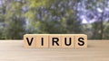 Virus - word wooden cubes on table horizontal over forest trees, corona virus, infected wood, hacker attack online, pandemic