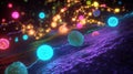 Viruses actively invading cells in a colorful microscopic environment filled with vibrant particles. Generative AI