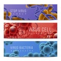 Viruses and bacteria banners. Germs infection and microbiology 3D objects, fever and flu horizontal banners. Vector