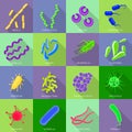 Viruses and bacteria icons set, flat style Royalty Free Stock Photo