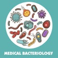 Viruses, bacteria and microbes poster for biology study or medical healthcare concept.