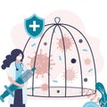 Viruses and bacteria trapped in cage. Doctor controls virus with vaccine. Concept of vaccination and healthcare