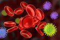 Viruses in blood, 3D illustration