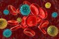Viruses in blood, 3D illustration