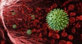 Viruses in blood. Green virus float between red blood cell.