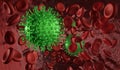 Viruses in blood. Green virus float between red blood cell. Royalty Free Stock Photo